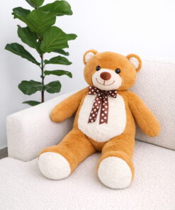 דובי מיני באגו שמן בגודל מטר בצבע חום עם פפיון לבן חום, דובי ענק רך ומחבק